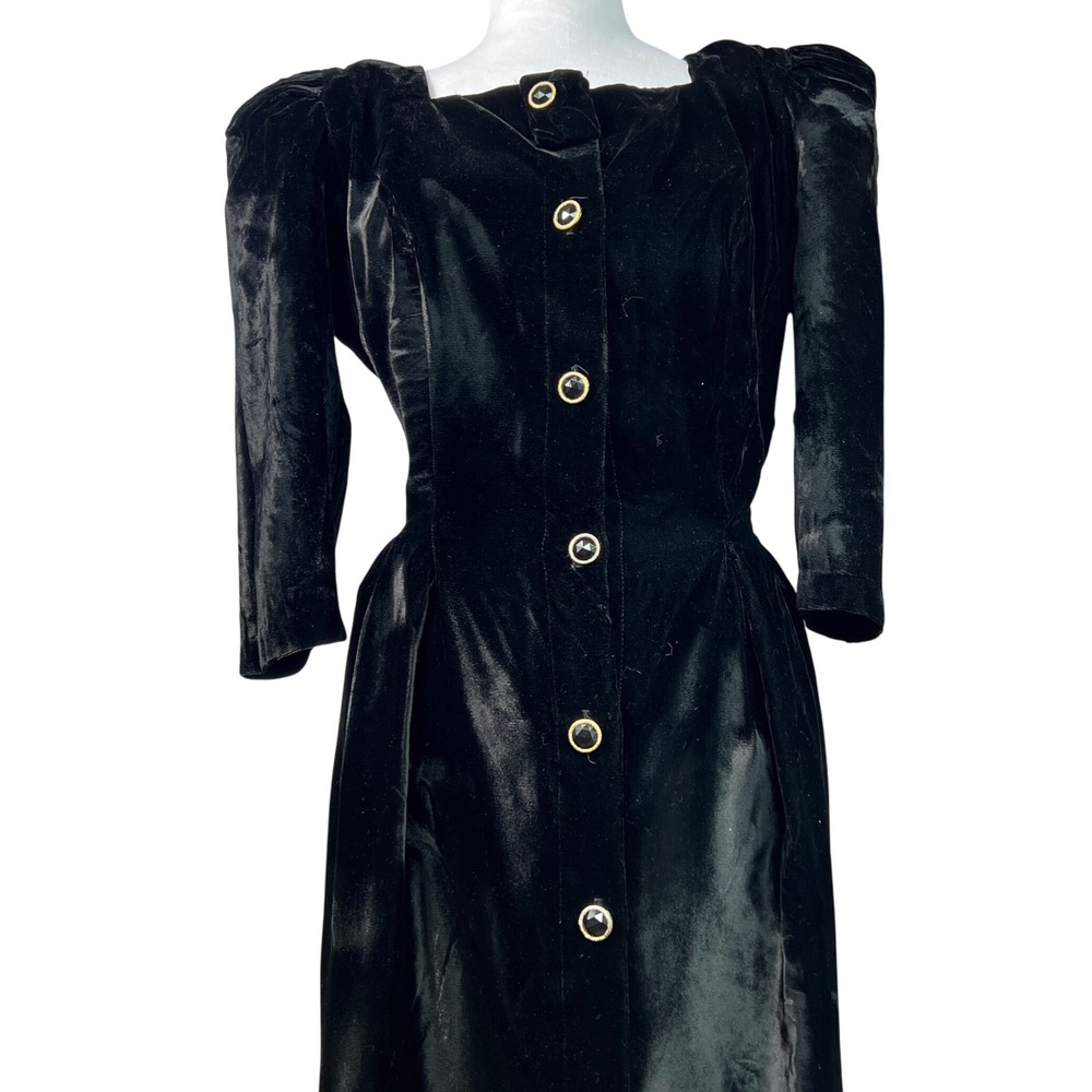 Vintage David Mitchell Black Velvet Button Front Puff Sleeve Midi DressSize 9 10 - Picture 9 of 10